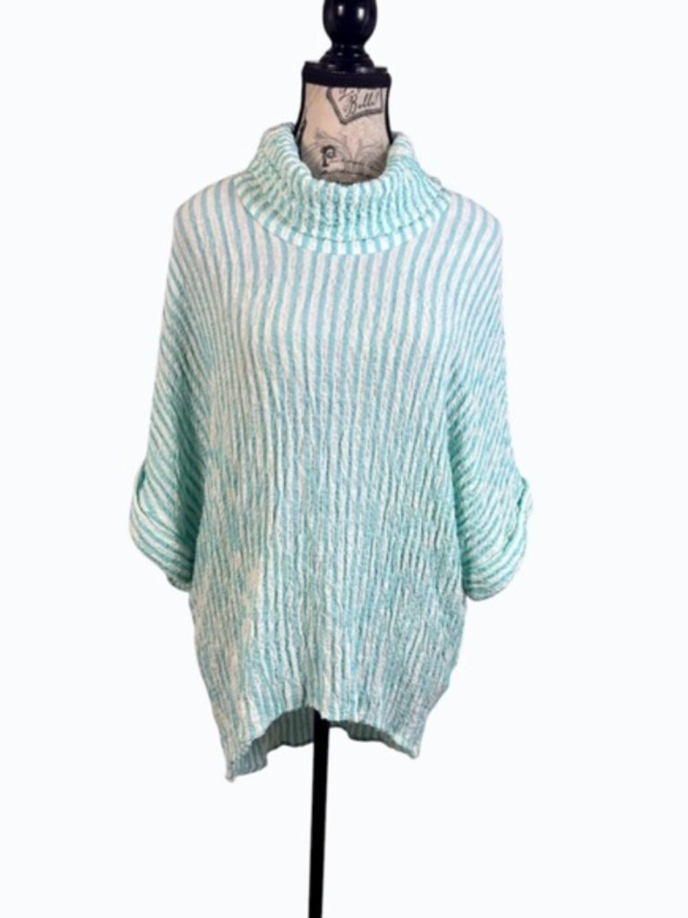 BOHO CHIC Aqua Stripe Cotton Oversized Turtleneck Tunic Top S - Picture 2 of 10